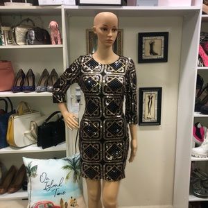 Just Me NWOT! Black/Gold Sequin Anthropologie 1/3 Sleeves Stretchy Dress Size M